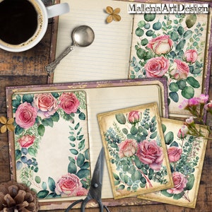Junk Journal, Papéis, Rosas, Vintage, Cartões Digitais Imprimíveis, Papéis para Artesanato, Scrapbook, TAGS, Páginas