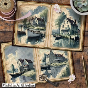 Paisagem marinha, Cartões digitais imprimíveis, Vintage, Papéis para artesanato, Cartões, Scrapbook, Diário de lixo, Papéis, paisagem, barcos
