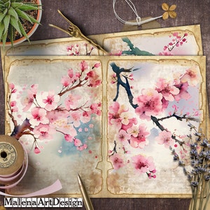 Papéis, Aquarelas Flor de Cerejeira, Vintage, Cartões Digitais Imprimíveis, Papéis para Artesanato, Scrapbook, Diário de Junk,