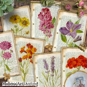 Botânico, Flores, Cartões Digitais para Imprimir, Vintage, CARTÃO, Papéis para Artesanato, Scrapbook, Diário de Junk, Plantas, Inclui imprimíveis para PRESENTE!