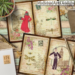 Carte, biglietti digitali stampabili, vintage, biglietti, carte per artigianato, moda, album di ritagli, diario di scarto, TAG, include stampe REGALO!