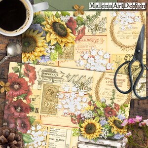 Colagem de Girassóis, Papéis, Vintage, CARTÃO, Cartões Digitais Imprimíveis, Papéis para Artesanato, Scrapbook, Junk Journal