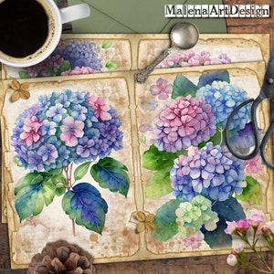 Papéis, botânicos, flores, hortênsias, Vintage, Cartões Digitais Imprimíveis, Papéis para Artesanato, Scrapbook, Junk Journal,