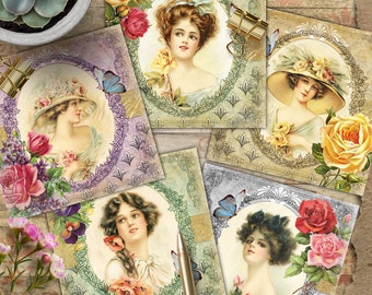 Cards, Vintage, Scrapbook, TAGS, Digital Cards Printables, Pretty Women,  Junk Journal, Papers For Crafts, Includes GIFT printables!