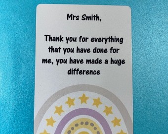 Personalised Sublimated Aluminium Thank You card, Teacher, Teaching Assistant, School leaver.