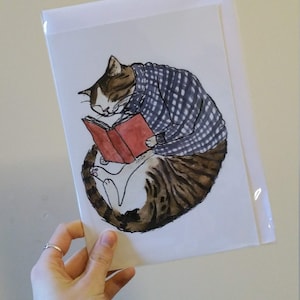 A5 Greetings card - Cat reading a book