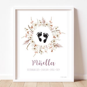Póster personalizado corona de flores secas “LEA” | nacimiento | Regalo | huella | Bebé | Unisexo