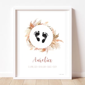 Personalisiertes Poster „LOU“ Blumen Kranz | Geburt | Geschenk | Fußabdruck | Baby | Unisex