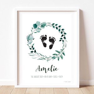 Personalisiertes Poster „DANIEL“ Eukalyptus Kranz | Geburt | Geschenk | Fußabdruck | Baby | Unisex