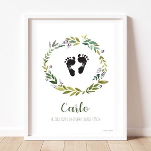 Personalisiertes Poster „ROUVEN“ Olivenzweige Kranz | Geburt | Geschenk | Fußabdruck | Baby | Unisex