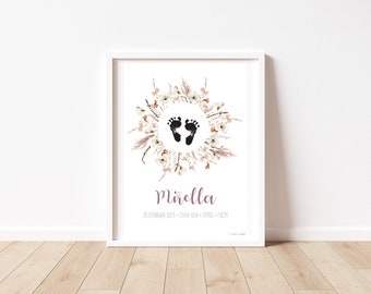 Personalisiertes Poster „LEA“ Trockenblumen Kranz | Geburt | Geschenk | Fußabdruck | Baby | Unisex