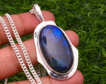 Blauwe labradoriet 925 sterlingzilveren hanger: handgemaakte chakraketting