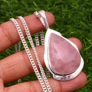 Rose Quartz Sterling Silver Pendant Necklace: Handmade Pear Gemstone