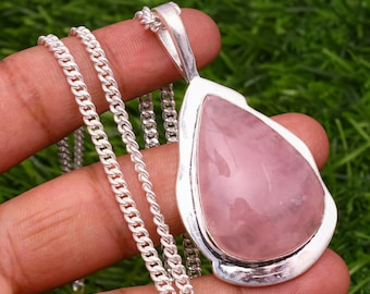 Rose Quartz Sterling Silver Pendant Necklace: Handmade Pear Gemstone
