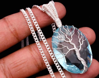 Tree Of Life Aquamarine Pendant: Wire Wrapped Sterling Silver Necklace