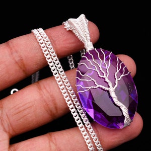 Tree Of Life Amethyst Pendant: Wire Wrapped Sterling Silver Necklace