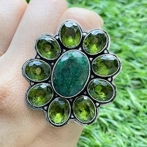 Emerald Flower Ring Emerald Silver Ring 925 Sterling Silver Emerald Gemstone Ring Handmade Emerald stone Silver Jewelry Ring For Women