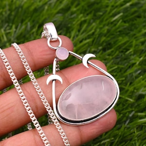 Rose Quartz Pendant 925 Sterling Silver Pendant Handmade Silver Rose Quartz Gemstone Jewelry Necklace for Women Gift for her Pink Pendant