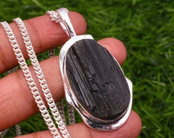 Black Tourmaline Rough 925 Sterling Silver Pendant Black Tourmaline Rough Gemstone Handmade Jewelry Protecting Pendant For Necklaces Women