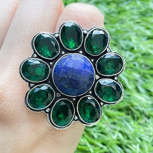 Blue Sapphire Flower Ring Blue Sapphire Silver Ring 925 Sterling Silver Ring Sapphire Gemstone Ring Handmade Gemstone Jewelry Ring For Gift