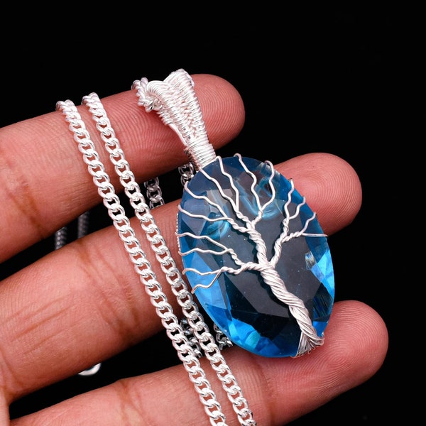 Tree Of life Blue Topaz Wire Wrapped 925 Sterling Silver Pendant  Handmade Silver Gemstone Pendant For Necklaces Women Healing stone