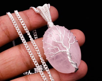 Tree Of Life Rose Quartz Pendant: Wire Wrapped Sterling Silver Necklace