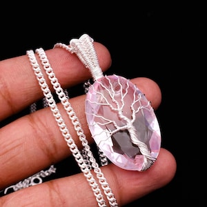 Tree Of Life Pink Kunzite Wire Wrapped 925 Sterling Silver Pendant Kunzite Handmade Silver Pendant For Necklaces Women Healing Stone Pendant