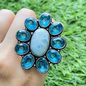 Larimar Flower Ring  Larimar Silver Ring 925 Sterling Silver Ring Larimar Gemstone Ring Handmade Larimar Gemstone Jewelry Larimar Ring