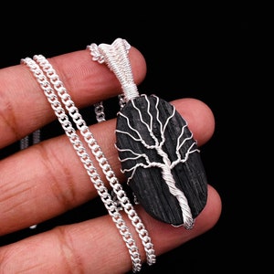 Tree Of Life Black Tourmaline Wire Wrapped 925 Sterling Silver Pendant Handmade Silver Pendant For Necklaces Women Stability gemstone