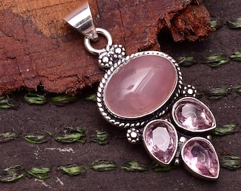 Rose Quartz 925 Sterling Silver Pendant Necklace: Handmade Healing Jewelry