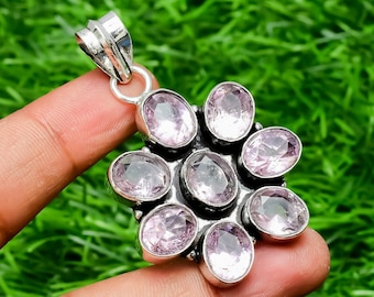 Collana Con Ciondolo In Kunzite Rosa Creato In Laboratorio, Pietra Grande, Argento Placcato, Regalo Per Donna