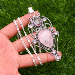 Rose Quartz Pendant 925 Sterling Silver Pendant Rose Quartz Gemstone Pendant Handmade Silver Gemstone Jewelry Quartz Pendant For Necklaces
