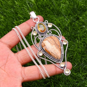 Picture Jasper Pendant 925 Sterling Silver Pendant Picture Jasper Gemstone Pendant Handmade Silver Gemstone Jewelry Picture Jasper Pendant