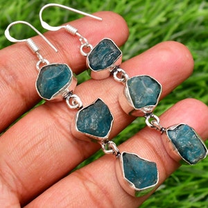 Natural Neon Apatite Rough Earrings Neon Apatite Rough 925 Sterling Silver  Rough Earrings Handmade Neon Apatite Earring For Women