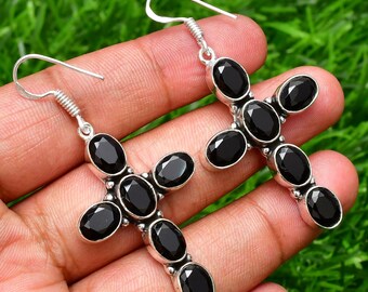 Black Onyx Cross Earrings: Handmade Sterling Silver Gemstone