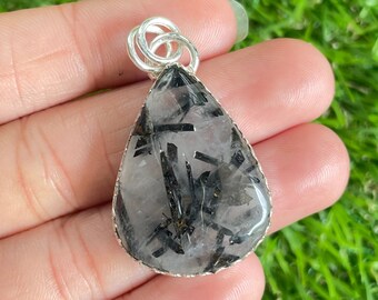 Black Rutile Quartz Pendant: Handmade 925 Sterling Silver Gemstone Jewelry