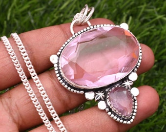 Handgemachter Rosa Kunzit 925 Sterling Silber Anhänger - 5.5 cm