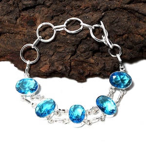Blue Topaz Bracelet 925 Sterling Silver Bracelet Blue Topaz Gemstone Bracelet Blue Topaz Silver Jewelry Gift Bracelet For women