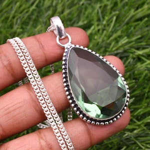 Handmade Green Amethyst Pendant: 925 Sterling Silver Teardrop Necklace
