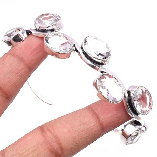 Handmade White Topaz Cuff: 925 Sterling Silver Bangle Bracelet