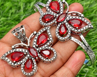 Handmade Garnet Butterfly Pendant and Cuff Set: Sterling Silver Jewelry