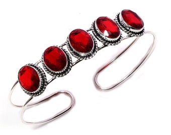 Brazalete de granate hecho a mano: Pulsera rígida de plata de ley