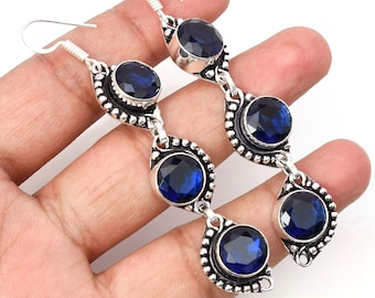Blue Sapphire Earrings Sapphire 925 Sterling Silver Gemstone Handmade Earring Sapphire Dangle Earrings For Women Sapphire Earrings For Gift