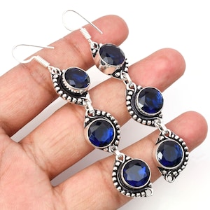 Blue Sapphire Earrings Sapphire 925 Sterling Silver Gemstone Handmade Earring Sapphire Dangle Earrings For Women Sapphire Earrings For Gift