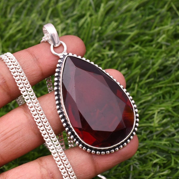 Handmade Sterling Silver Garnet Pendant: Large Teardrop Gemstone
