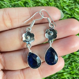 Blue Sapphire Earrings Sapphire 925 Sterling Silver Gemstone Handmade Earring Sapphire Dangle Earrings For Women Sapphire Earrings For Gift