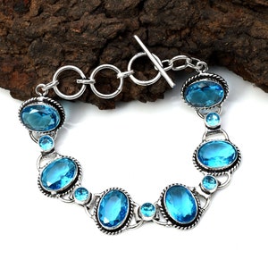 Blue Topaz Bracelet 925 Sterling Silver Bracelet Blue Topaz Multi Gemstone Bracelet Blue Topaz Silver Jewelry Gift Bracelet For women
