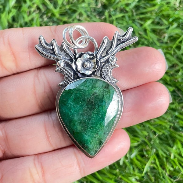 Emerald Deer Pendant 925 Sterling Silver Pendant Emerald Gemstone Pendant Handmade Silver Gemstone Jewelry Emerald Pendant For Necklaces