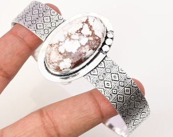 Handmade Wild Horse Gemstone Cuff: 925 Sterling Silver Bangle