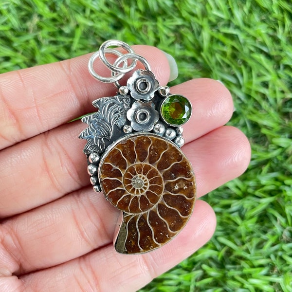 Ammonite Fossil Pendant 925 Sterling Silver Pendant Ammonite Gemstone Pendant Handmade Silver Gemstone Jewelry Ammonite Pendant For Necklace
